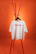 white t-shirt with "dadlift" text on an orange background