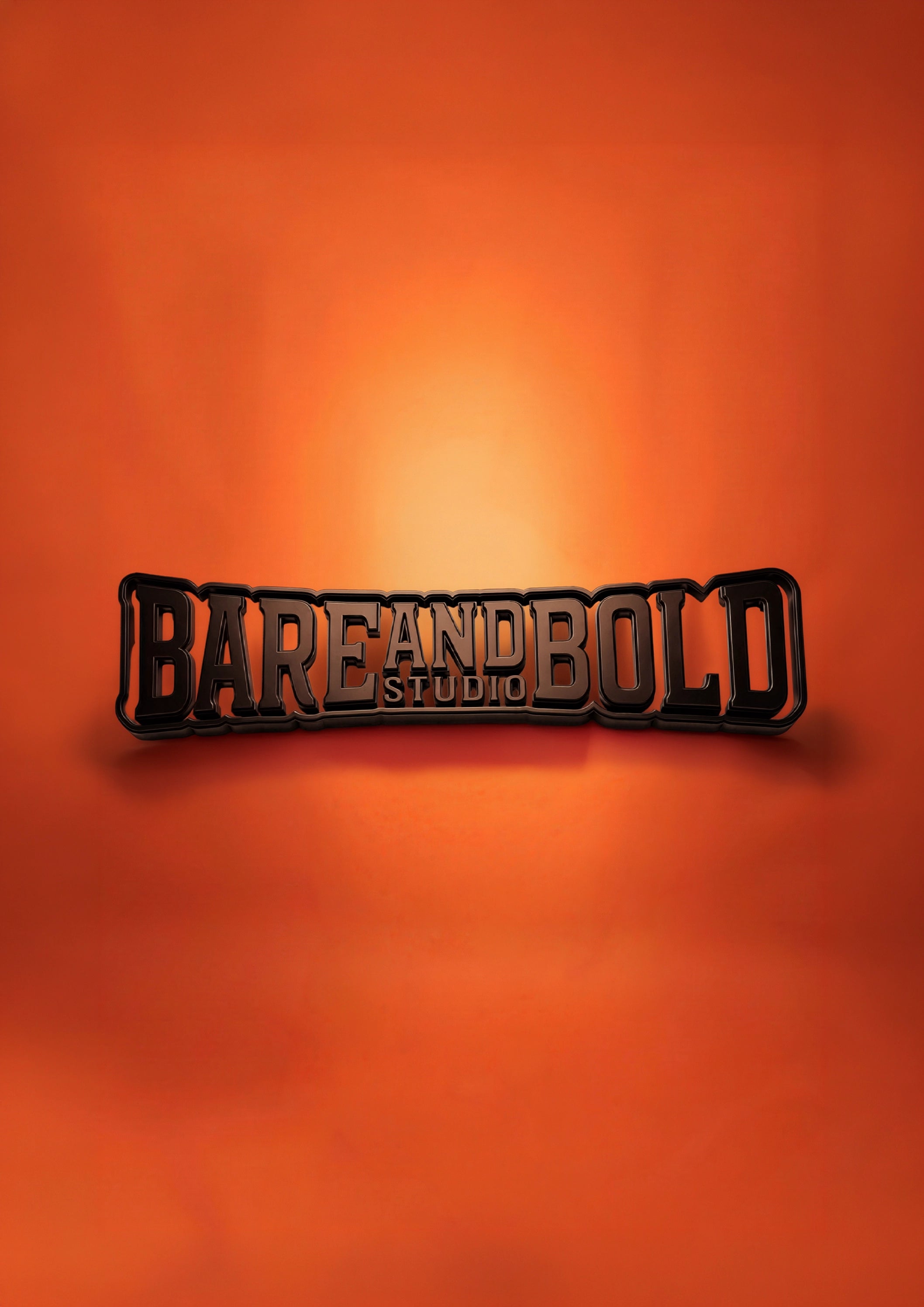 A 3D metallic pin or badge featuring the text 'BARE AND BOLD STUDIO' in stylized block letters, set against a glowing orange gradient background.