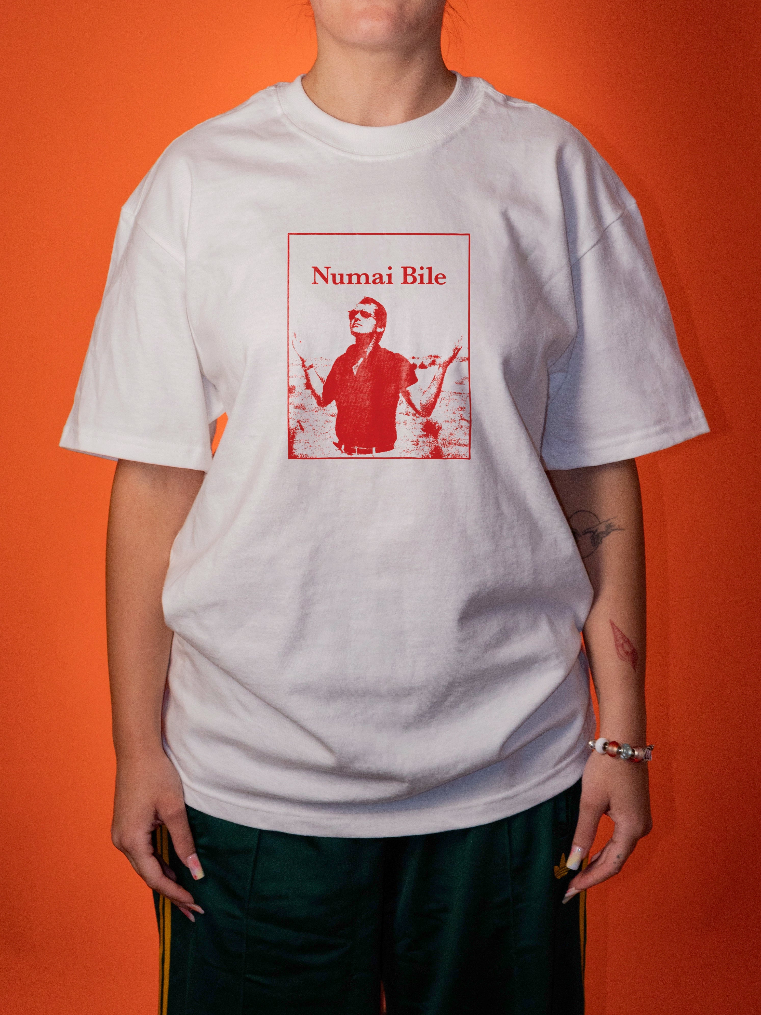 A person wearing an oversized white graphic T-shirt with a red rectangular print reading 'Numai Bile' and a red figure illustration, paired with dark green pants, against a solid orange background.