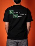 A person viewed from the back wearing a black t-shirt with a 'Science Lifter sed' graphic printed on the back, set against a solid orange background.