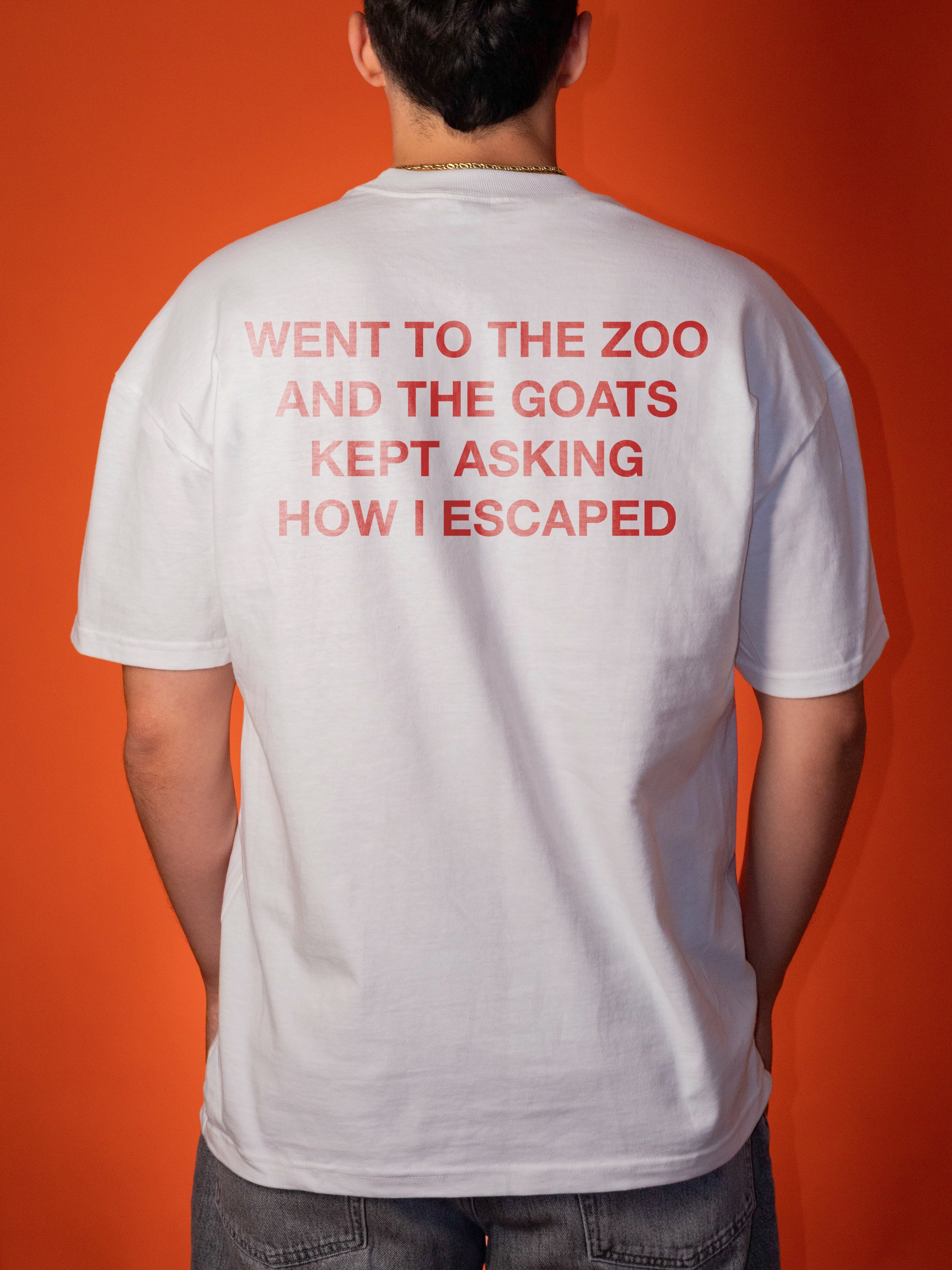 A man viewed from behind wearing a white t-shirt with red text that reads 'WENT TO THE ZOO AND THE GOATS KEPT ASKING HOW I ESCAPED' against a solid orange background.