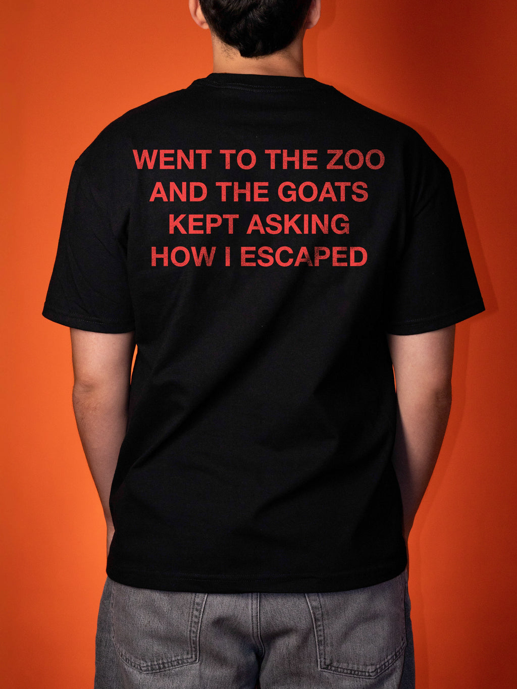 A person shown from the back wearing a black t-shirt with red text that reads 'WENT TO THE ZOO AND THE GOATS KEPT ASKING HOW I ESCAPED' against a solid orange background.